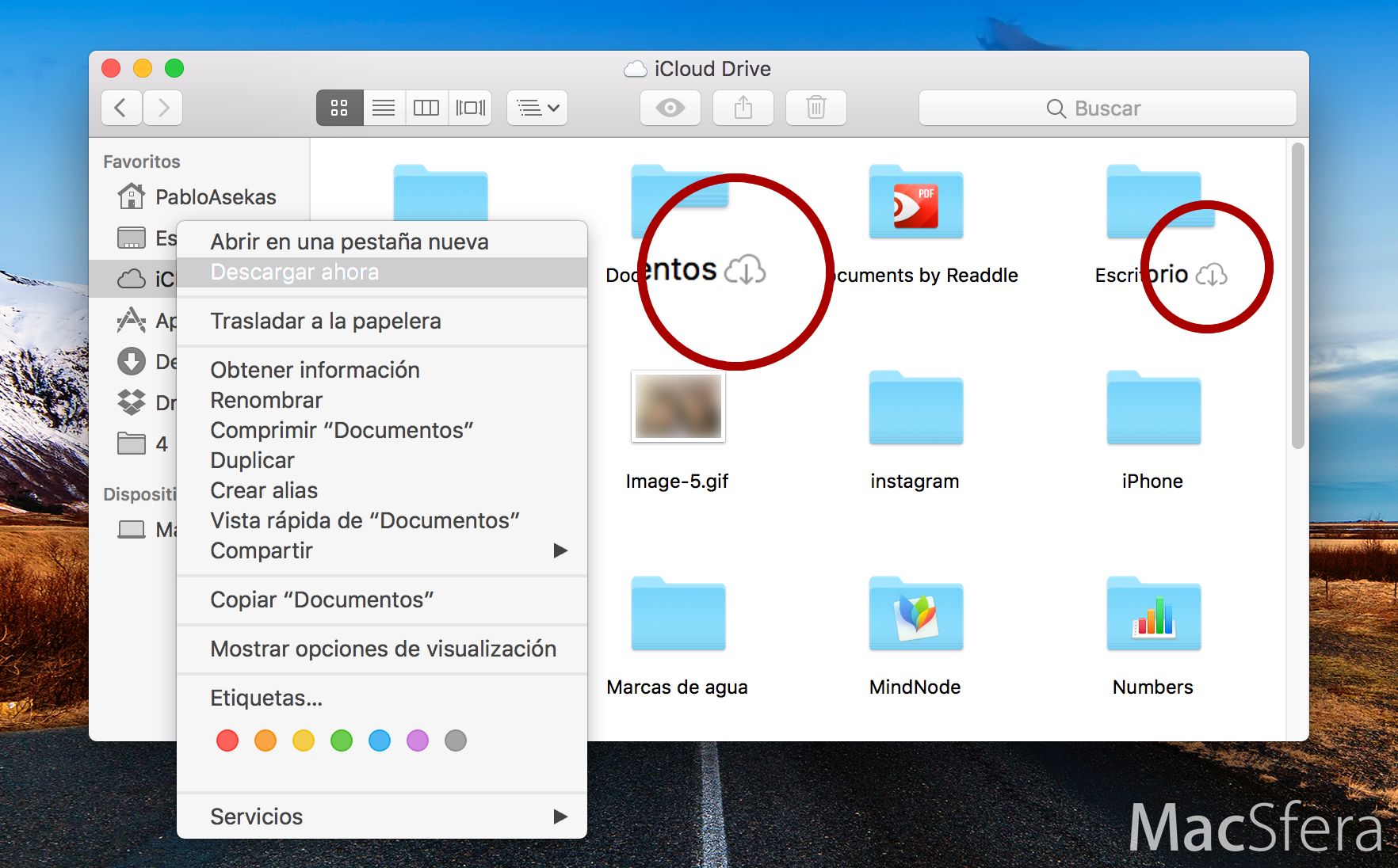 Descarga selectiva iCloud Drive macOS Sierra